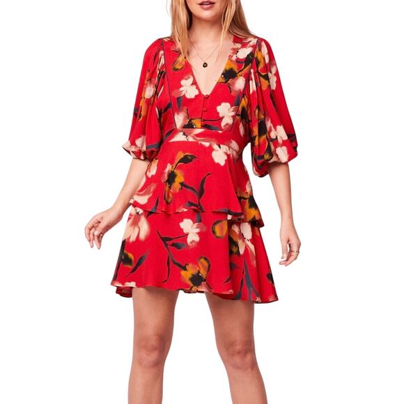 Band of the Free Dresses & Skirts - Band of the Free Dolly Red Floral Print Puff Sleeve Mini Dress Women’s Medium